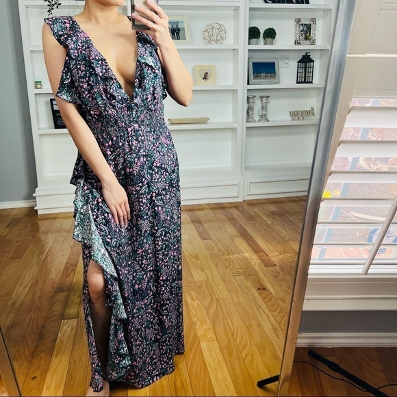 IRO NWT Santu Ruffled Shirred Crepe De Chine Maxi
Dress Black Pink Green Size 36 - Picture 11 of 12